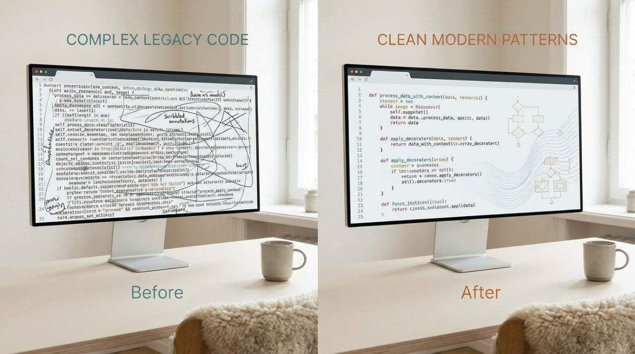 Two computer monitors side by side showing code with 'Before' and 'After' labels.