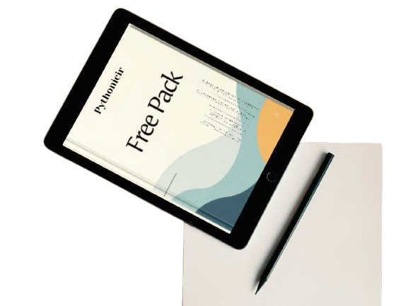 Tablet displaying a Pythonicir Free Pack on a white surface with a stylus.