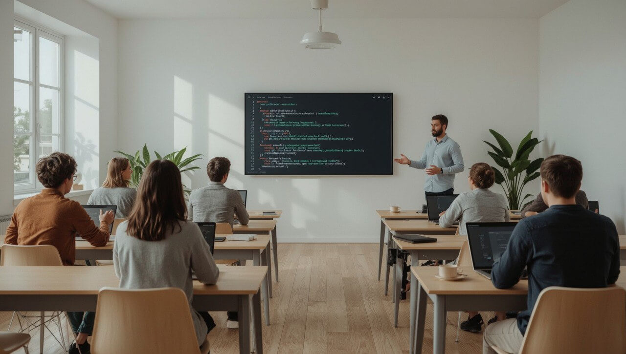 Classroom setting with a teacher and students, using a digital screen displaying code.