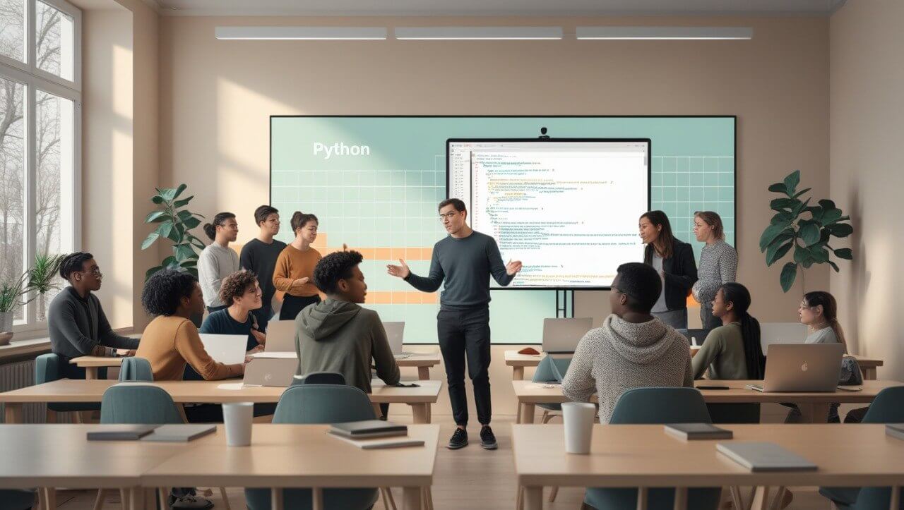 Classroom setting with a teacher and students in front of a large screen displaying Python code.