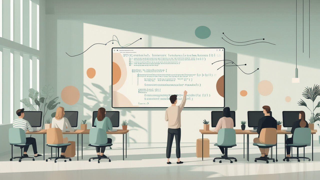 Illustration of a classroom with students and a teacher in front of a large screen displaying text.