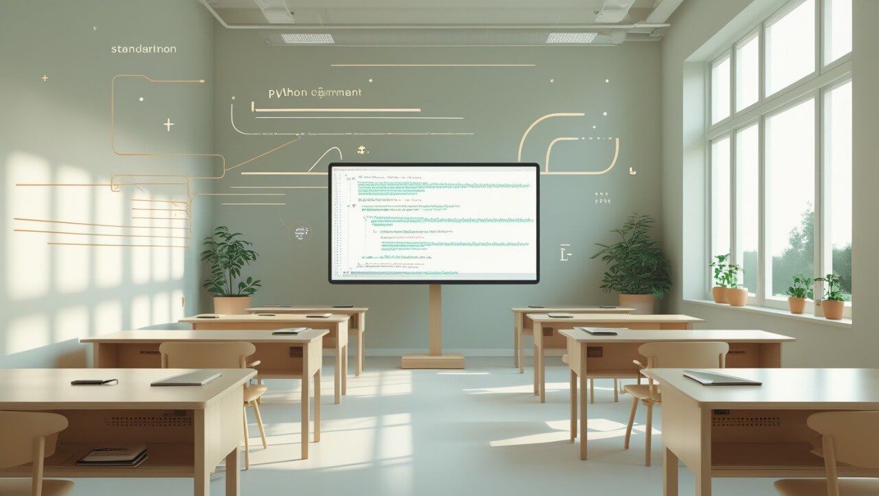 Modern classroom with a large screen displaying content, wooden desks, and plants.