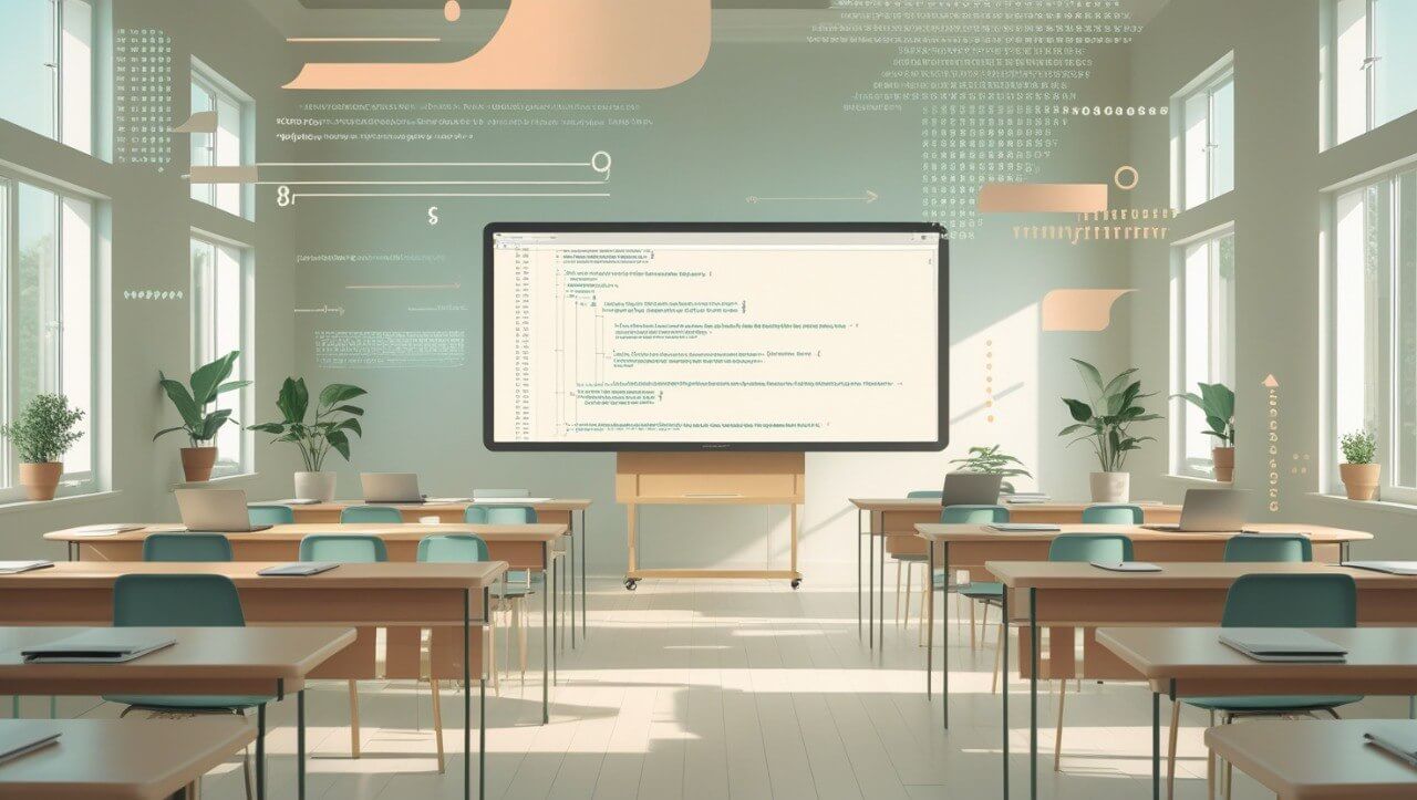 Modern classroom with large screen displaying a presentation