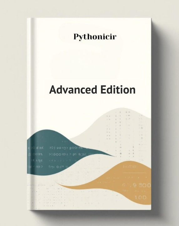 A book cover for 'Pythonicir Advanced Edition' shown upright against a light gray background. The cover is predominantly off-white with abstract wavy shapes in teal and tan, plus faint code-like text patterns.
