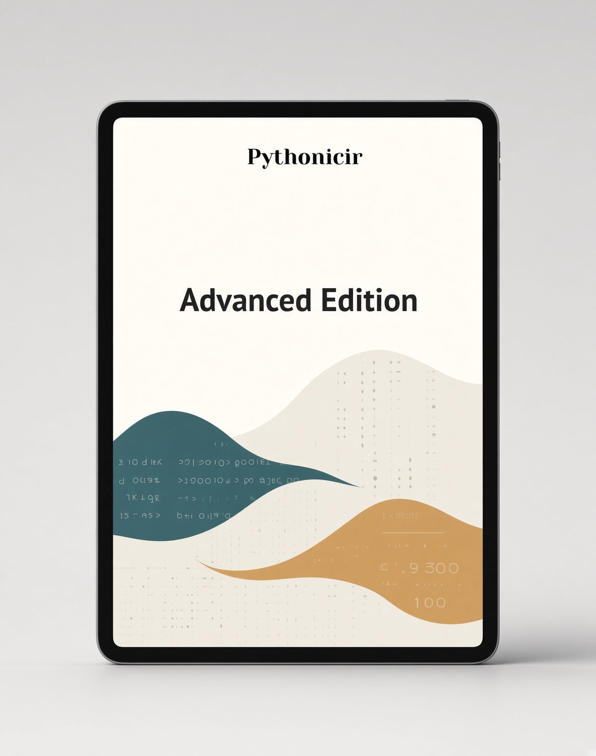A tablet device displaying a book or guide cover titled 'Pythonicir Advanced Edition' with abstract wavy shapes in teal and tan on a light background.