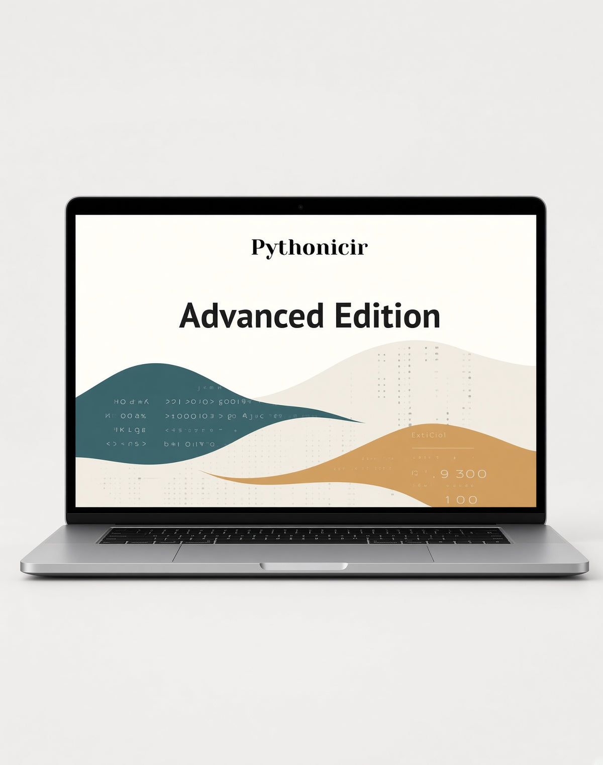 A silver laptop on a light gray background displaying a digital cover titled 'Pythonicir Advanced Edition' with abstract wavy shapes in teal and tan on a cream background.