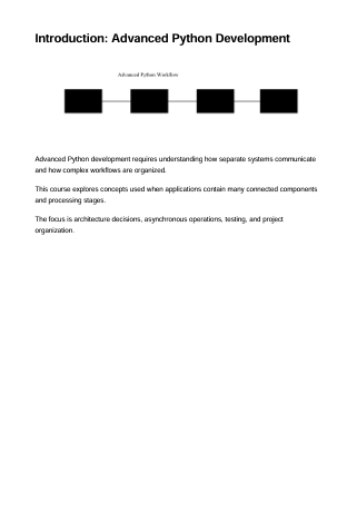 A text-based course or document page titled 'Introduction: Advanced Python Development' with a small block diagram and descriptive paragraphs about Python development and system communication.