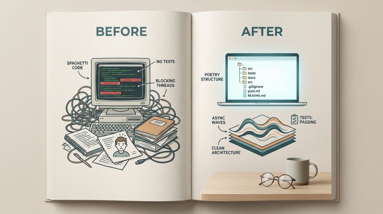 Open book showing diagram a before and after comparison of code quality and architecture.