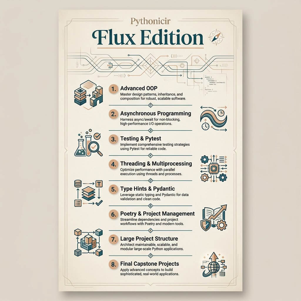 Poster titled 'Pythonicir Flux Edition' with technical illustrations and text on a beige background