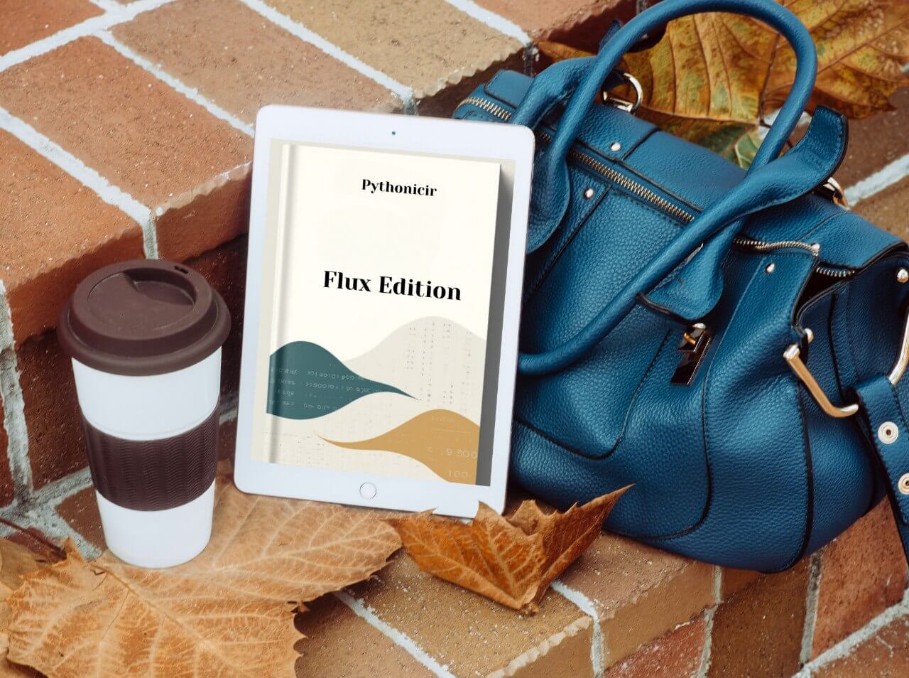 Blue handbag with a tablet displaying 'Pythonic Flux Edition' course on a brick surface with a coffee cup and leaves.