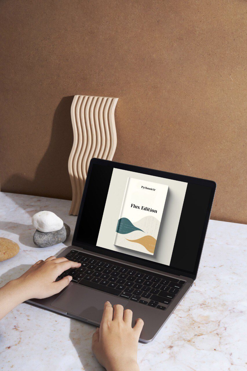 Person using a laptop with a digital course on the screen on a marble surface.