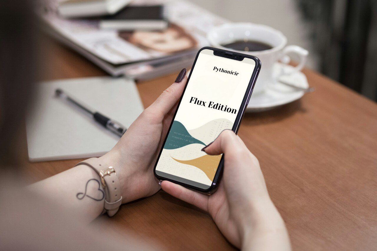 Person holding a smartphone with a "Pythianicir Flux Edition" course on a desk with a notebook and coffee cup.