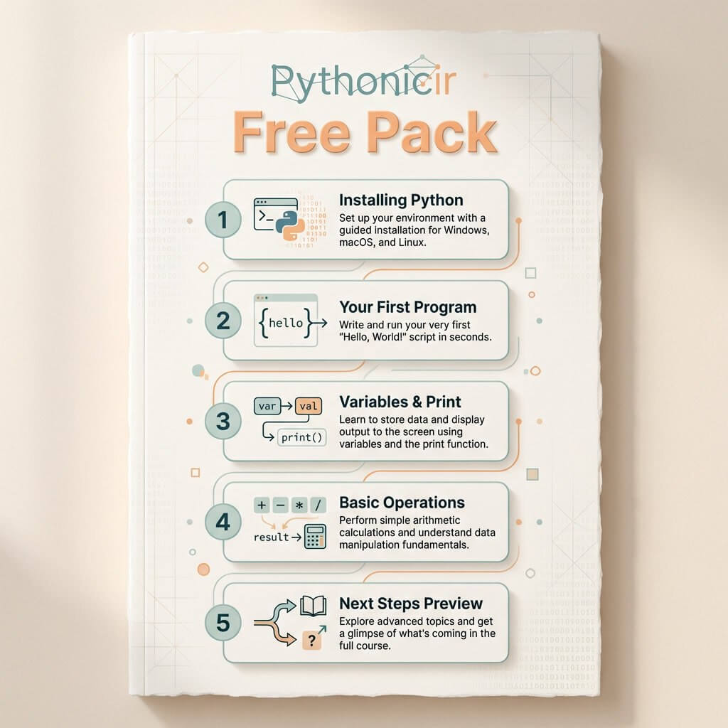 Sheet with Python learning steps and 'Pythonicir' branding on a beige background