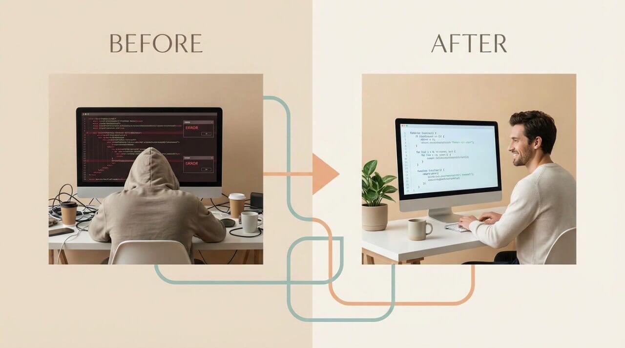 Before and after comparison of a person working on a computer, with a transition arrow between them.