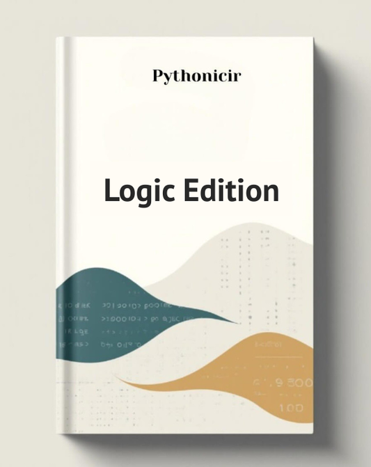 A book cover for 'Pythonicir Logic Edition' shown upright against a light gray background. The cover is predominantly off-white with abstract wavy shapes in teal and tan, plus small printed code-like text details.