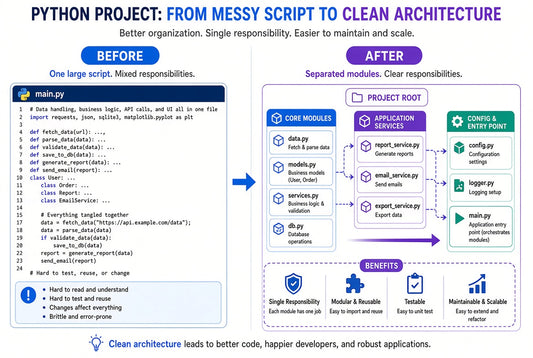 An infographic comparing messy script programming before and after adopting clean architecture. The left 'Before' section shows a tangled main.