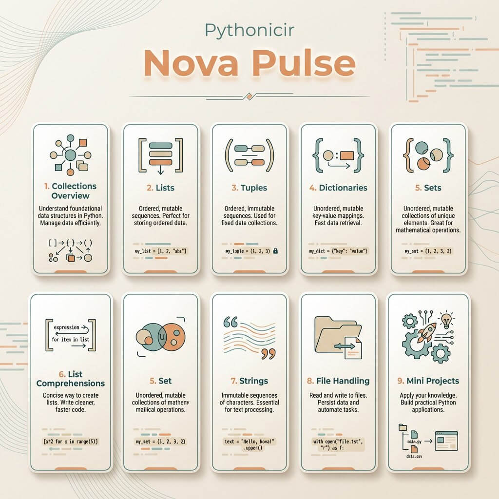 Educational material titled 'Pythonicir Nova Pulse' with icons and text on a light background