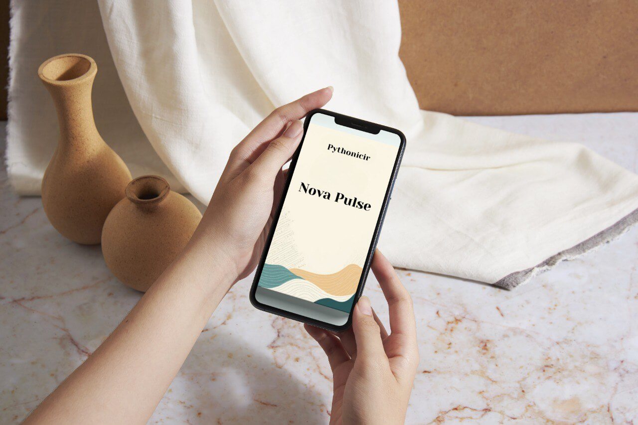 Person holding a smartphone with 'Pythonic Npva Pulse' course on a marble surface