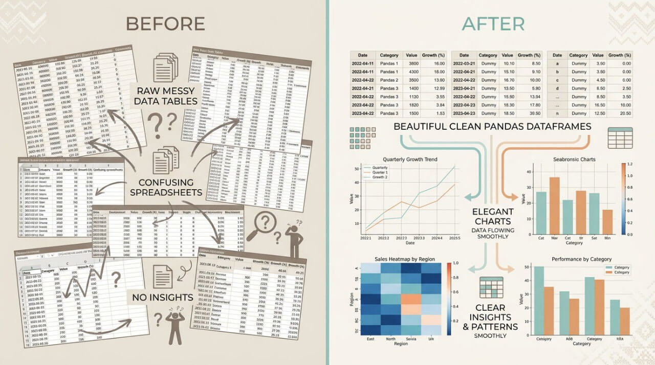 Comparison of raw, messy data tables to cleaned pandas dataframes with charts and insights.