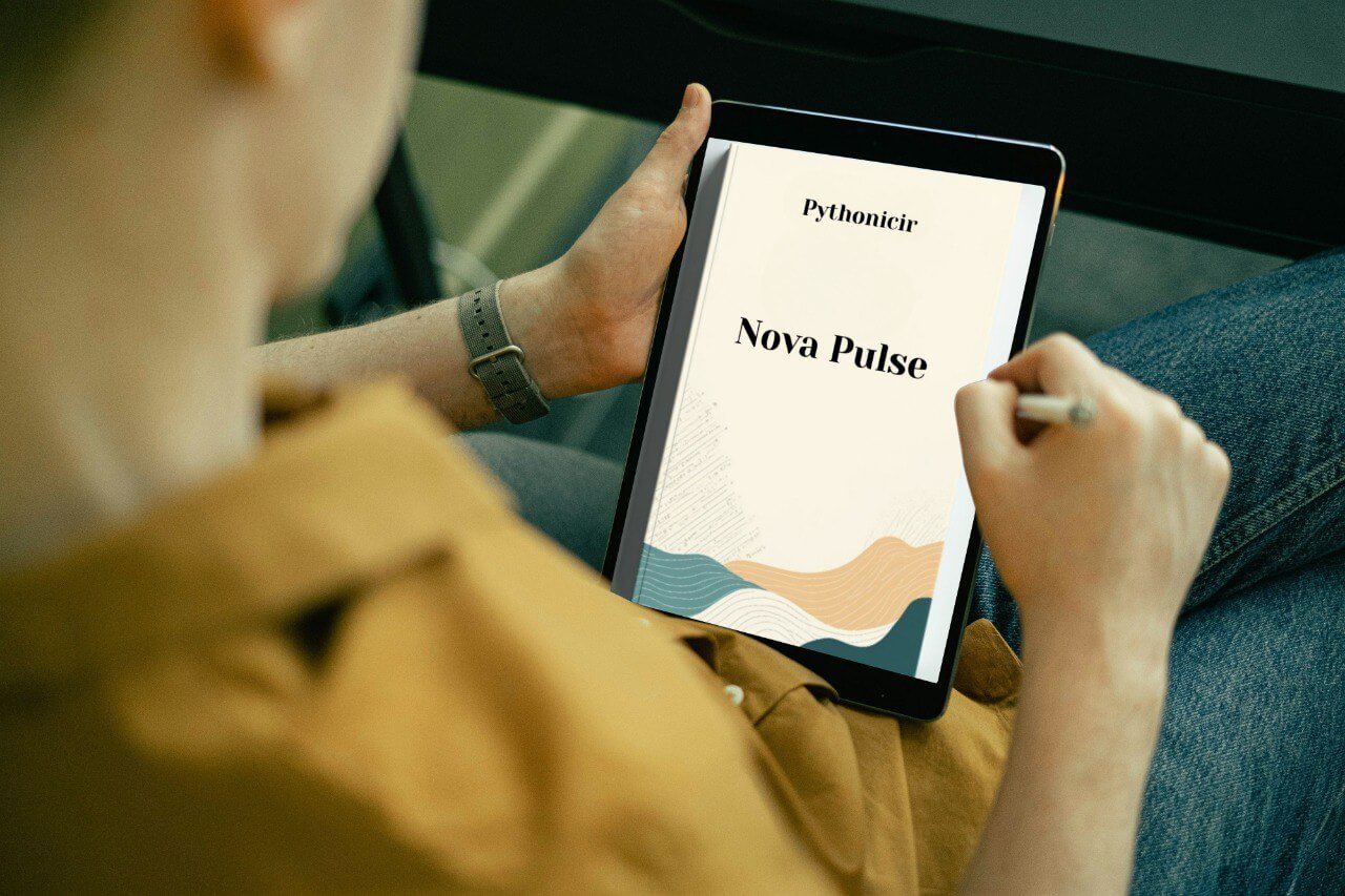 Person holding a tablet with course 'Pythonicir Nova Pulse' displayed on the screen.