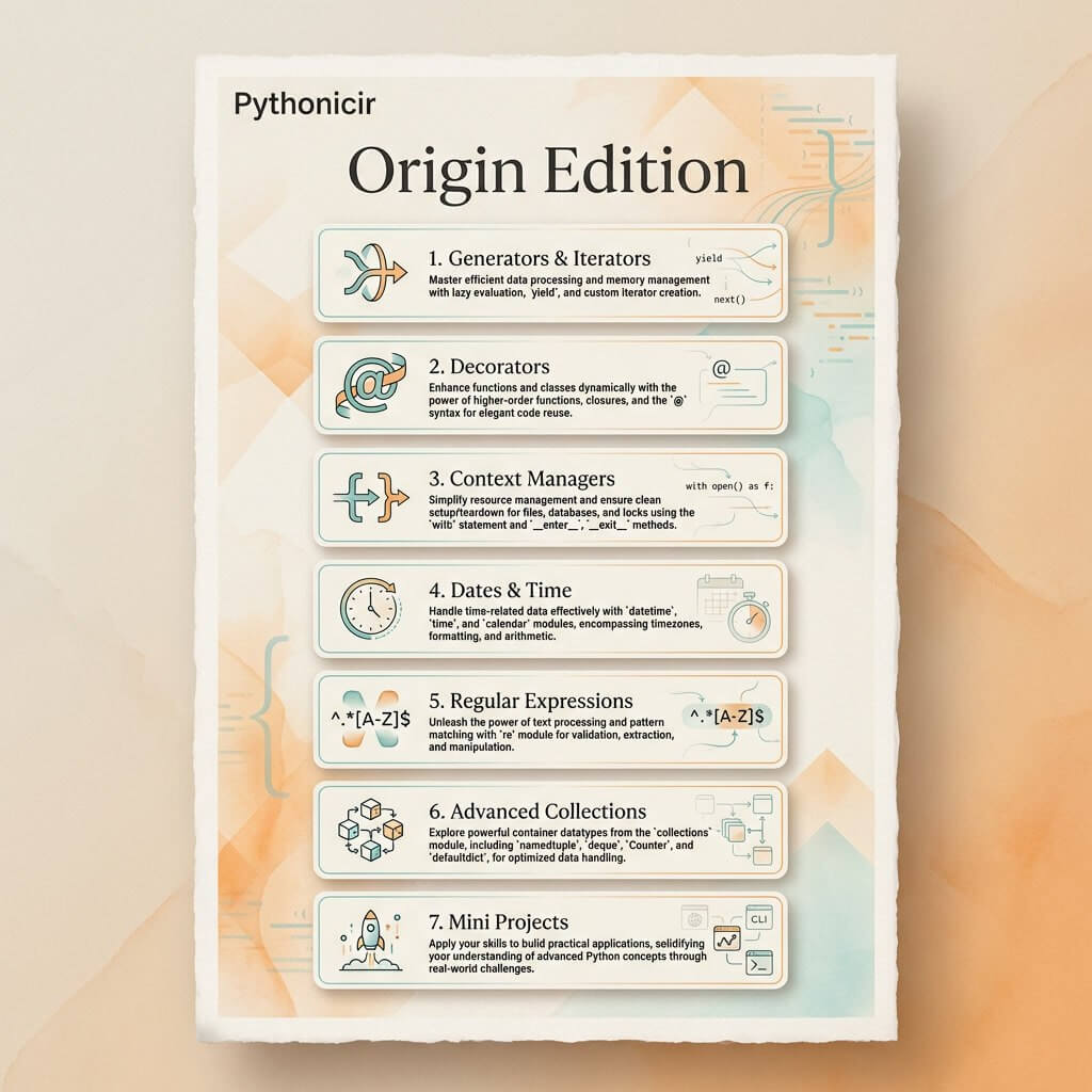 Educational poster titled 'Pythonicir Origin Edition' with various programming concepts on a beige background.