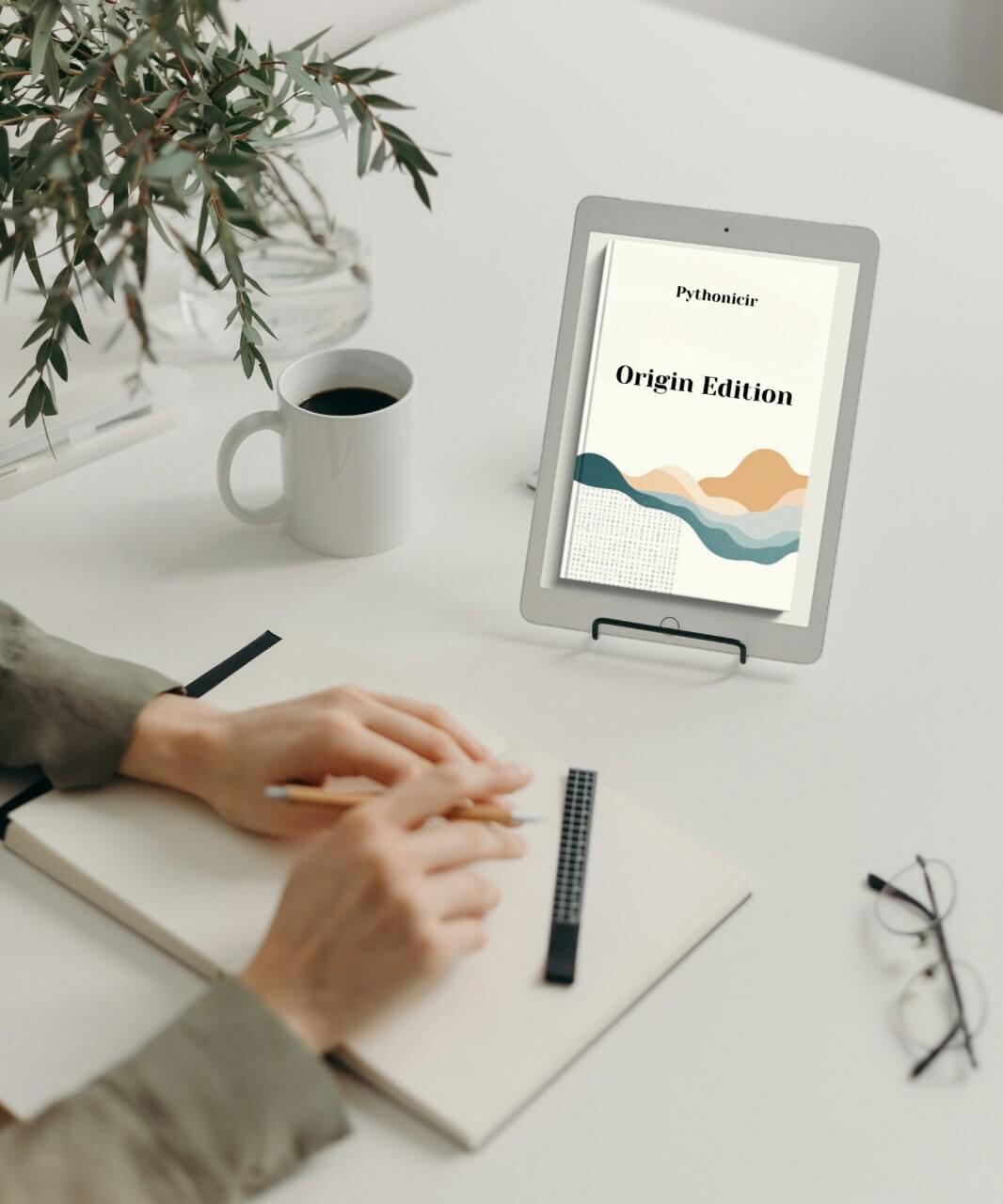 Person using a tablet with digital course "Origin Edition" on a desk with a cup of coffee and a plant.