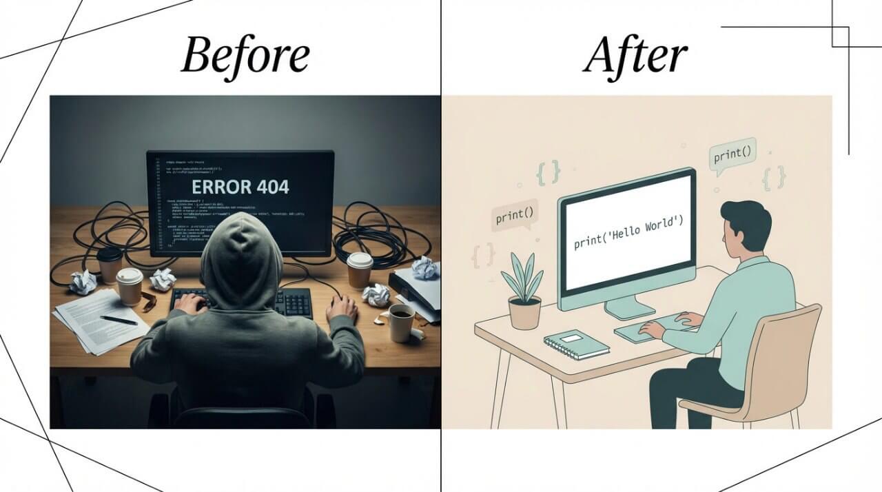 Before and after comparison of a hacker with an error 404 screen and a person coding.