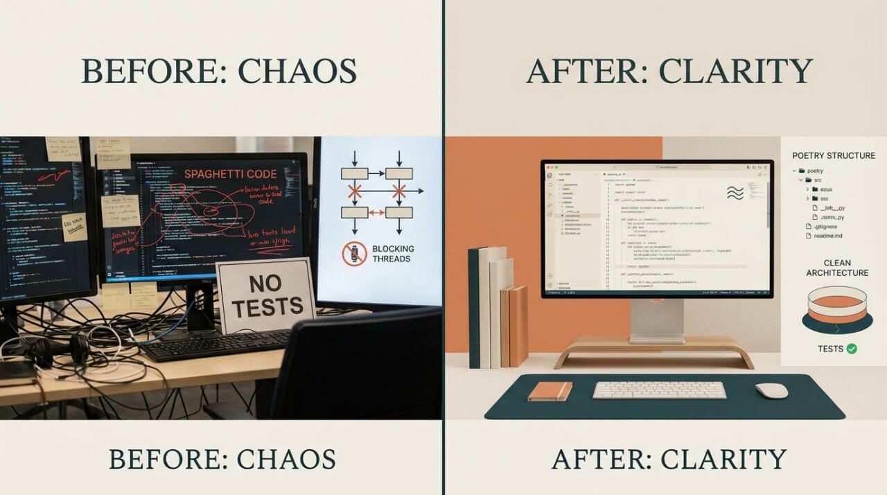 Before and after comparison of a chaotic workspace with multiple monitors and clutter, versus a clear and organized workspace with a single monitor.