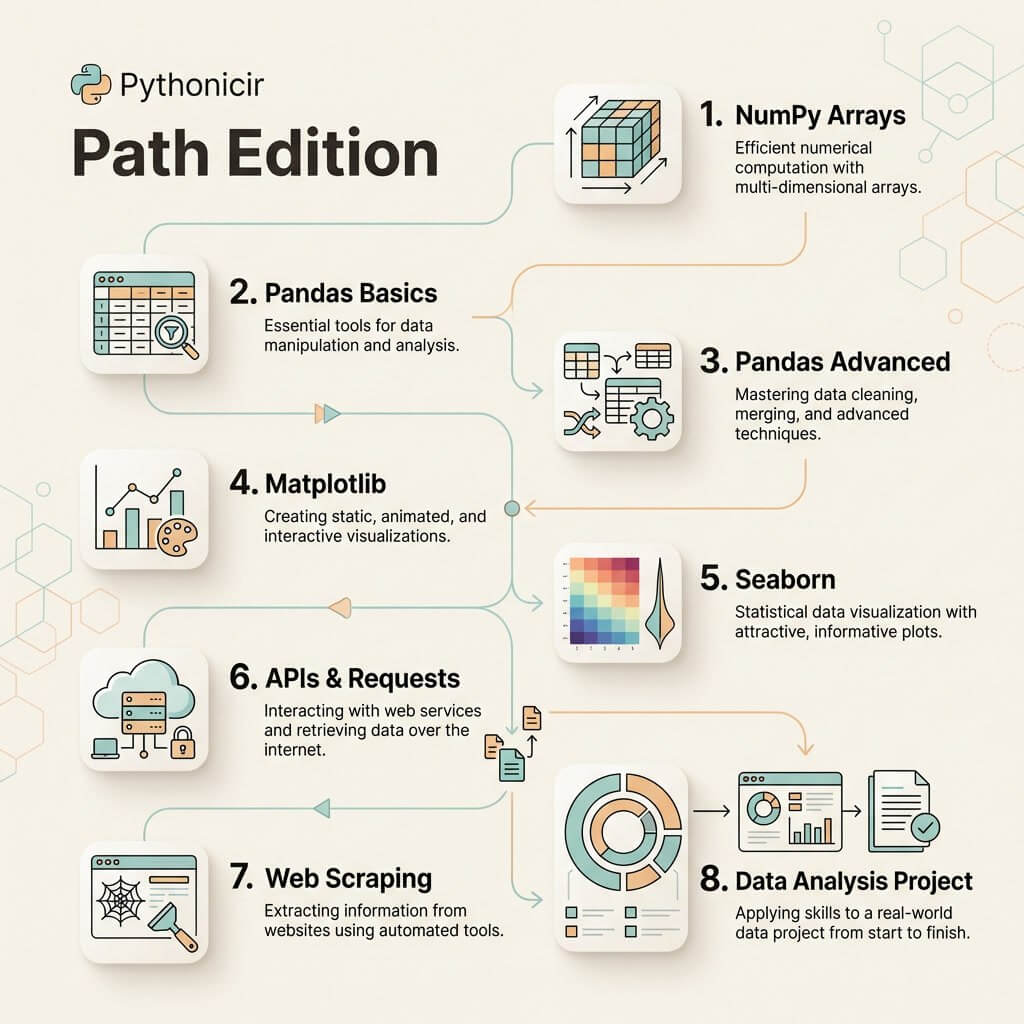 Flowchart titled 'Path Edition' by Pythonicir, detailing steps in data analysis using Python libraries.
