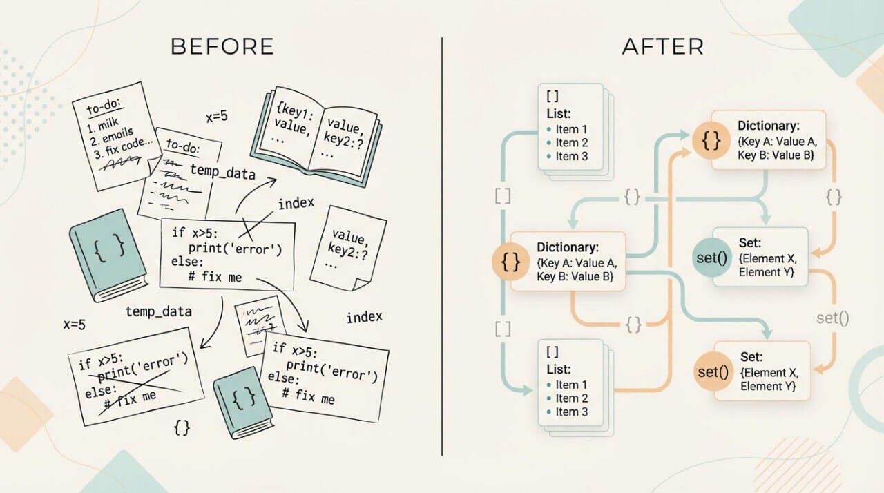 Comparison of code snippets with 'Before' and 'After' diagrams on a light background