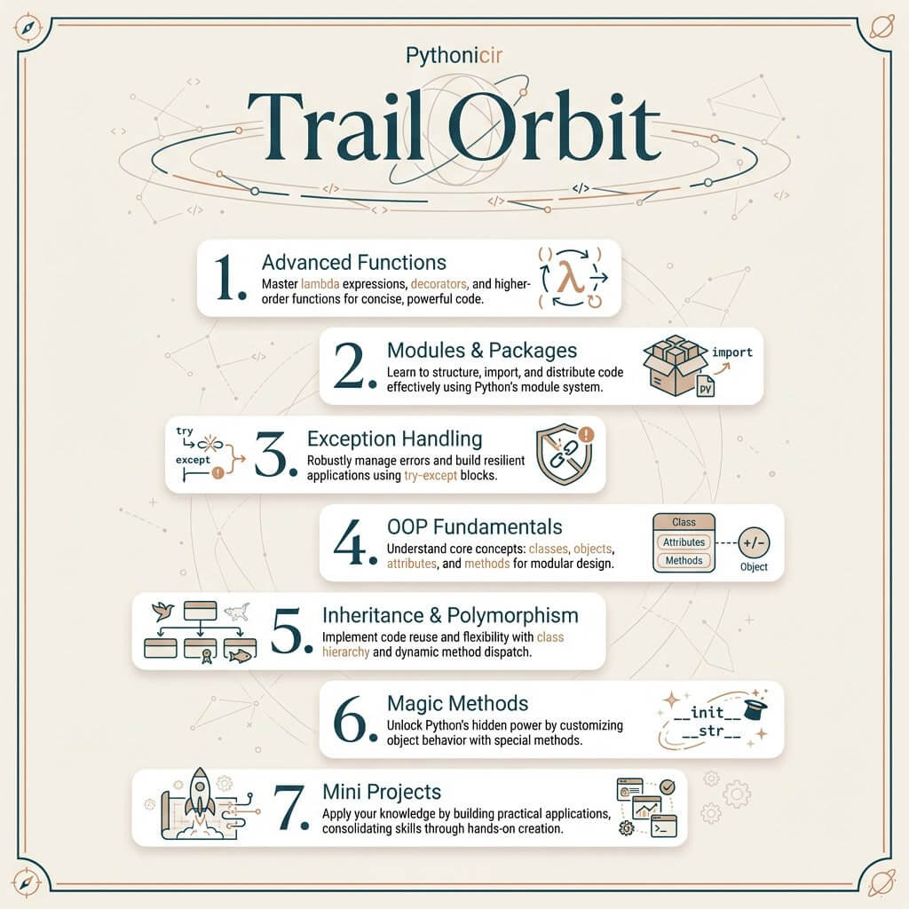 Pythonicir Trail Orbit educational infographic on a beige background