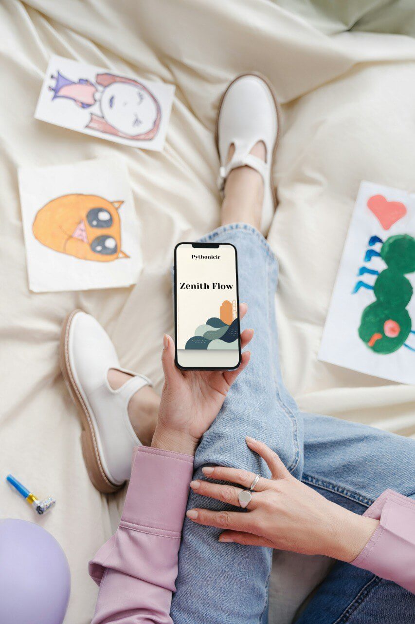 Person holding a phone with 'Zenith Flow' course on a bed with colorful cards.