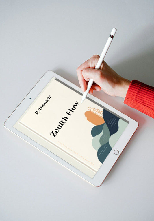 Person using a stylus on a tablet displaying 'Pythonicir Zenith Flow' on a light gray background
