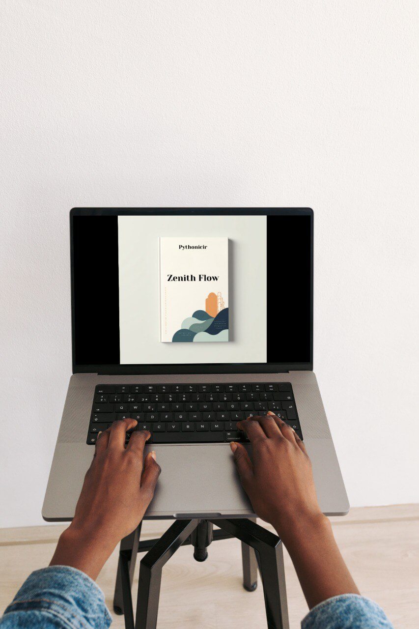 Person using a laptop with a course titled 'Zenith Flow' displayed on the screen.