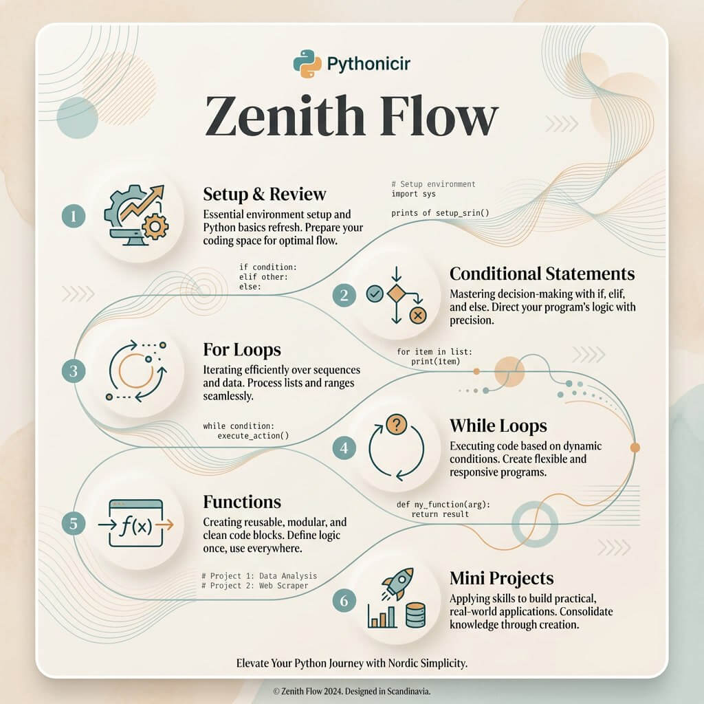 Diagram titled 'Zenith Flow' by Pythonicir with flowchart design on a light background